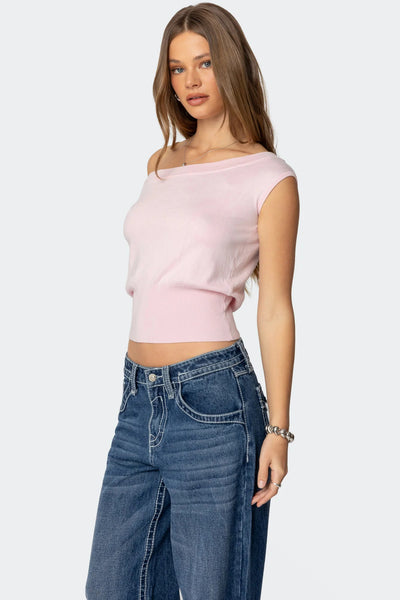 Asymmetric Shoulder Crop Top - Draped Front and Fitted Waist