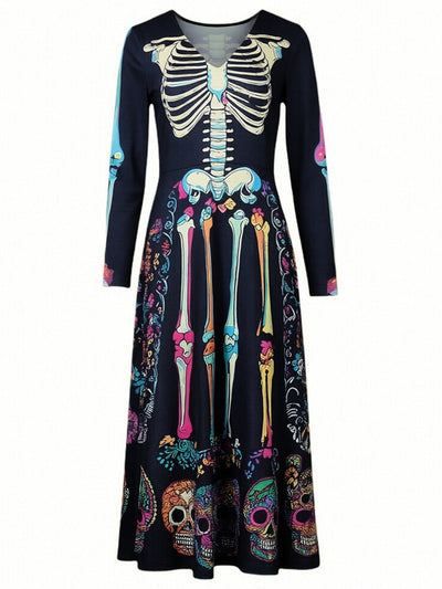 Black long-sleeve midi dress with skeleton figure and colorful skull border print