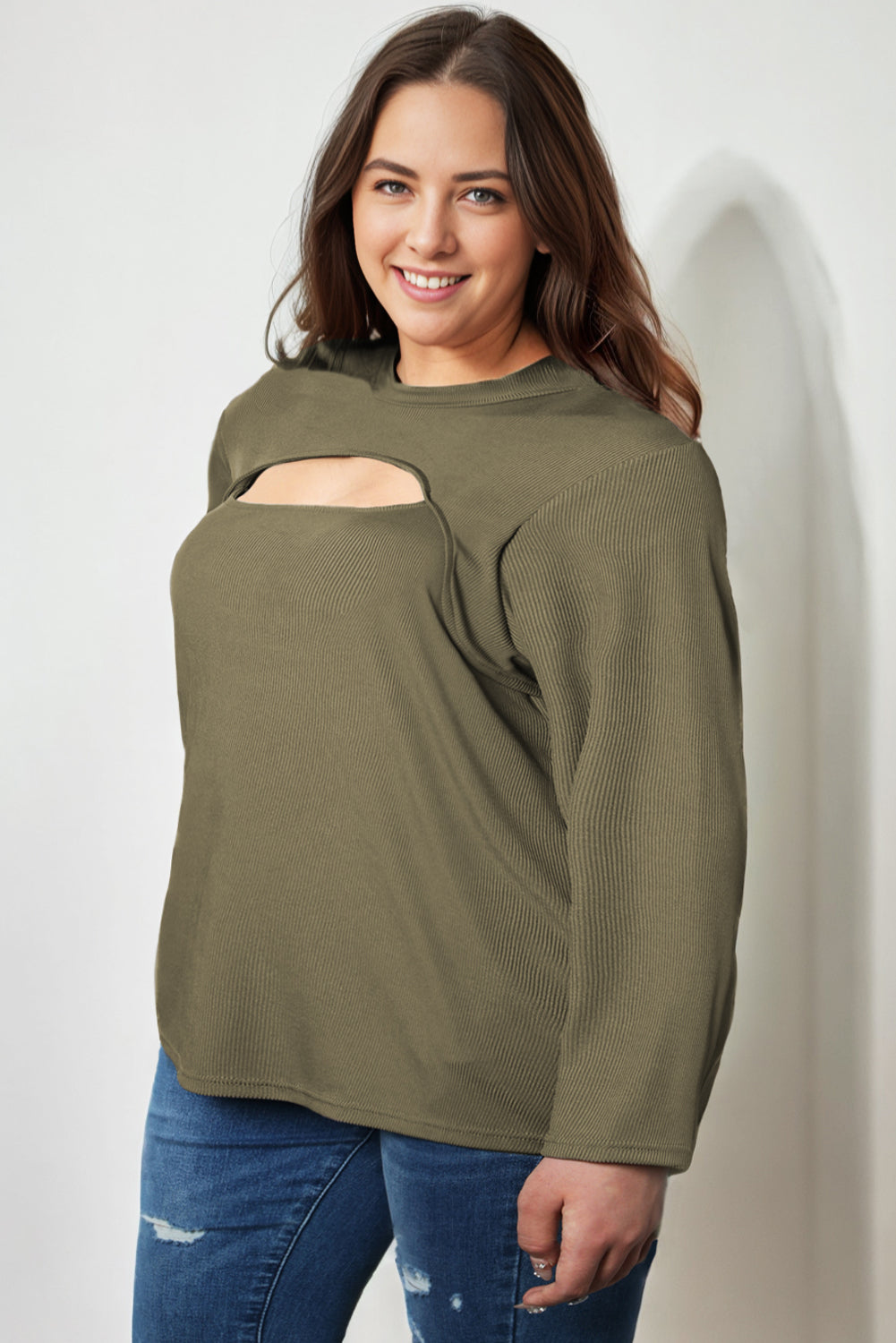 Green Plus Size Ribbed Mock Neck Peek-A-Boo Cut Out Top