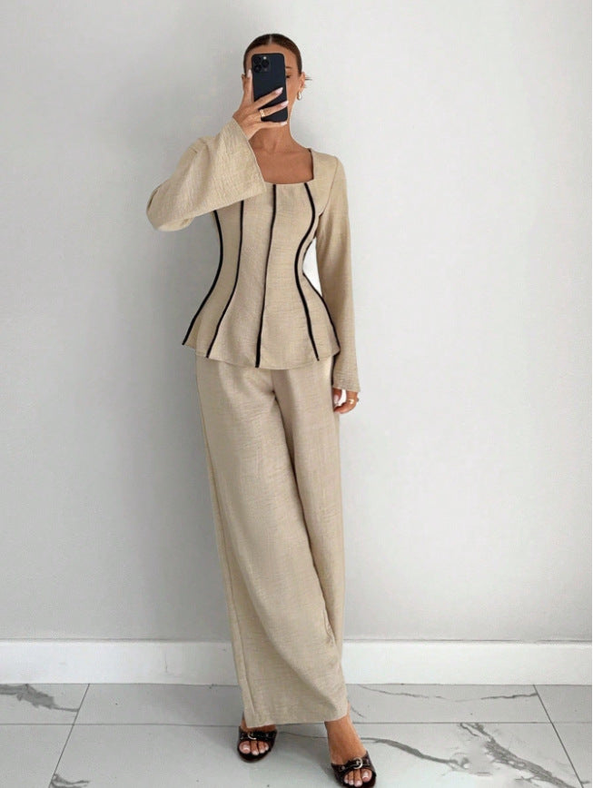 Beige wide-leg pants set with structured top and flared sleeves, wide-leg trousers