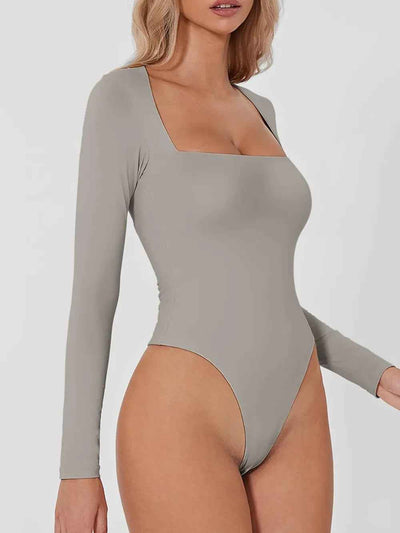 Square Neck Long Sleeve Bodysuit - Sleek Fitted Style - Fashions Envy