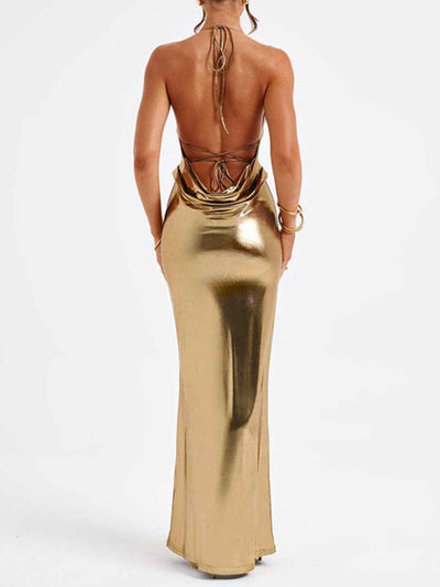 Ruched Halter Maxi Dress - Backless Tied Metallic Gown