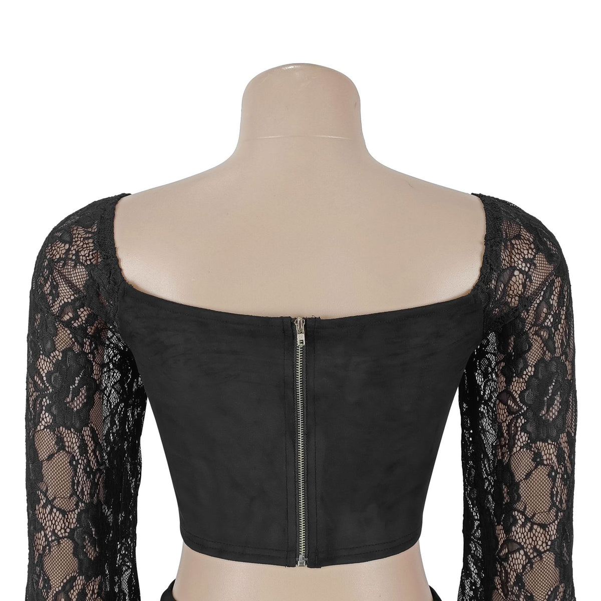 Black Lace-Up Two-Piece Skirt Set - Off-Shoulder Top and Ruffles