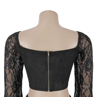 Black Lace-Up Two-Piece Skirt Set - Off-Shoulder Top and Ruffles