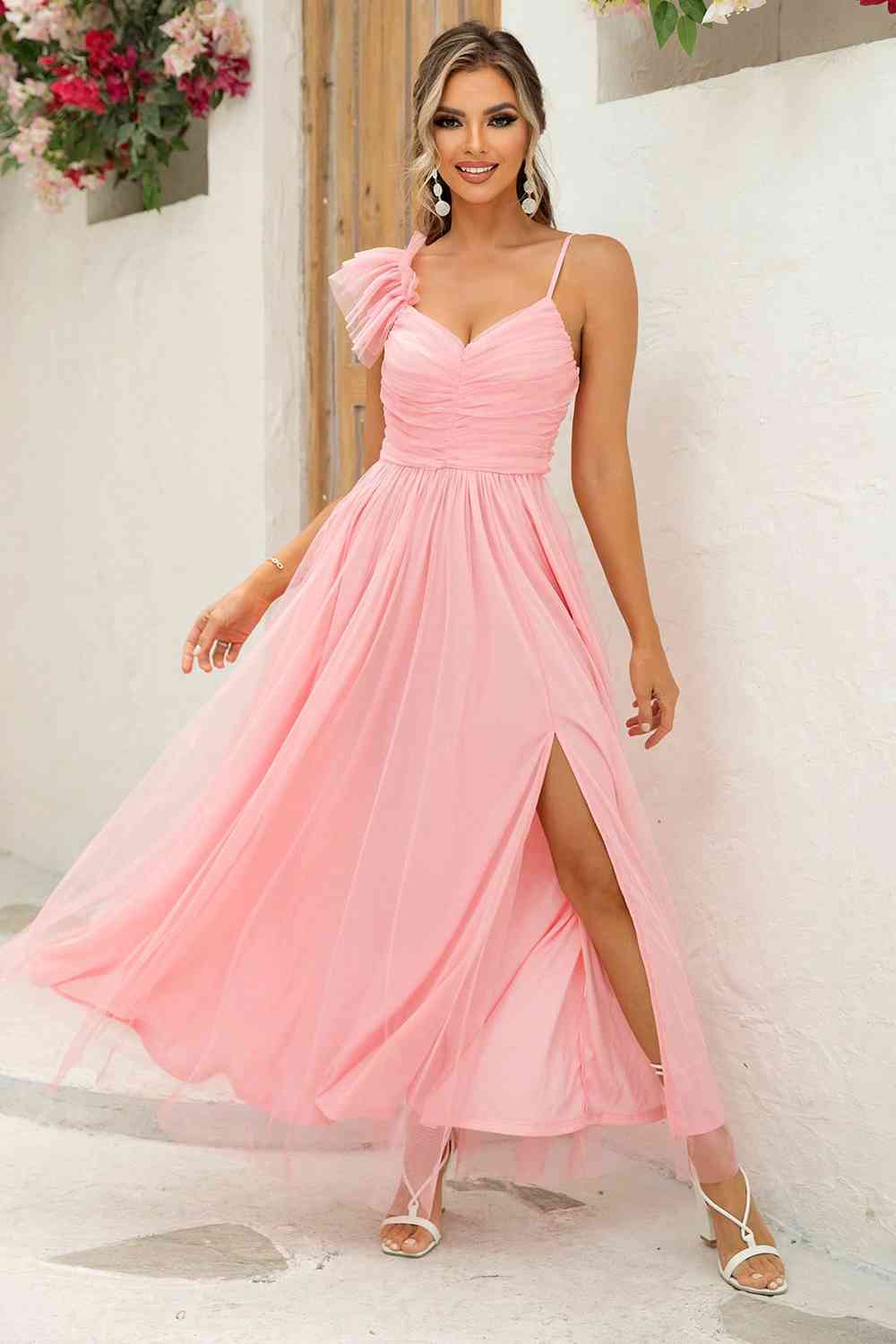 Asymmetrical Ruched Slit Dress - Fashions Envy