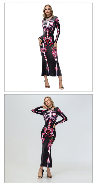Halloween Skeleton Maxi Dress - Pink Bows & Long Sleeves