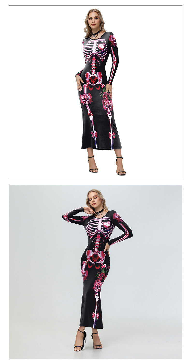 Halloween Skeleton Maxi Dress - Pink Bows & Long Sleeves