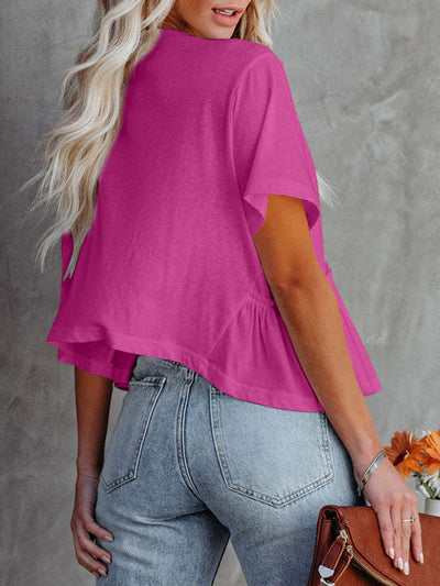 Tied Plunge V-neck Short Sleeve Blouse