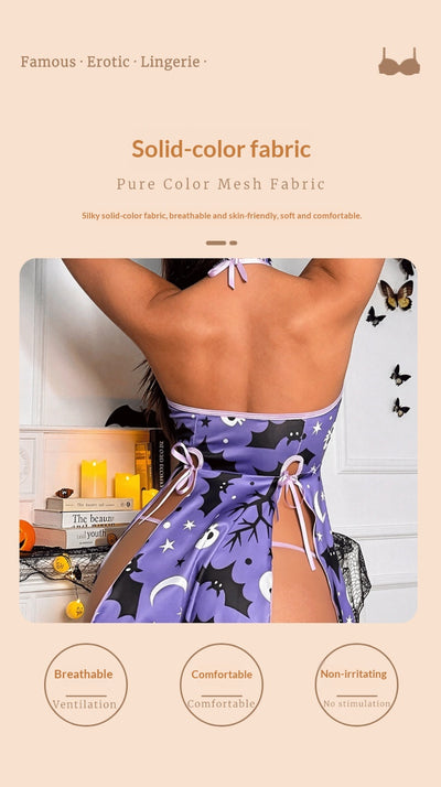 Purple mesh halter mini dress with bat print and ruched side tie details