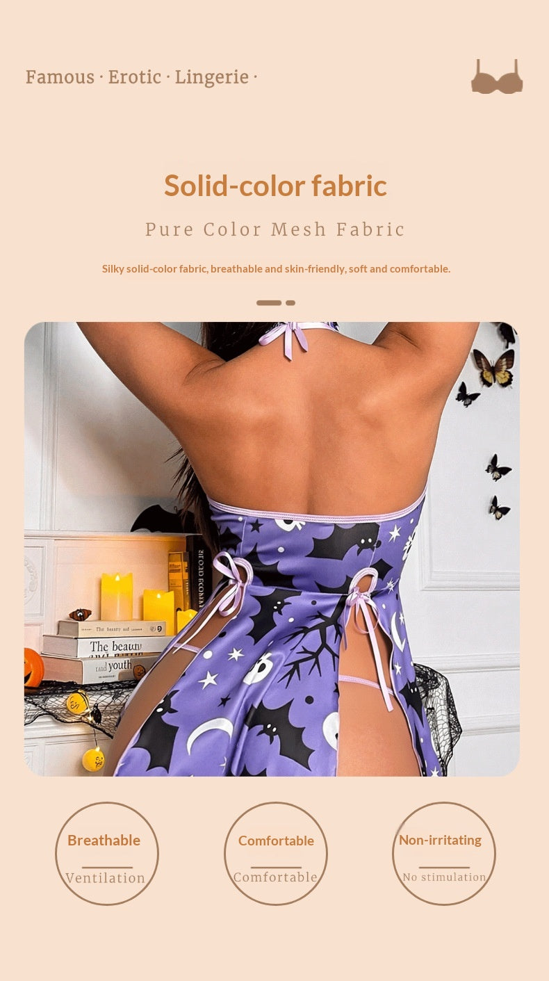 Purple mesh halter mini dress with bat print and ruched side tie details