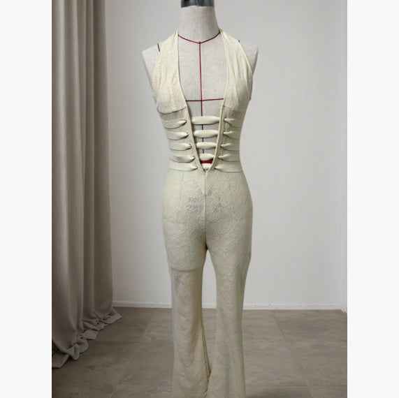 Lace Halter Jumpsuit - Deep V Wide Leg Style - Fashions Envy