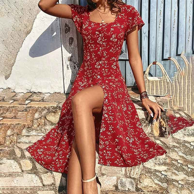 Bohemian Floral Print Midi Dress - Flowy Button Up
