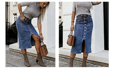 Button Front Denim Midi Skirt - Bodycon Fit Front Slit Patch Pockets