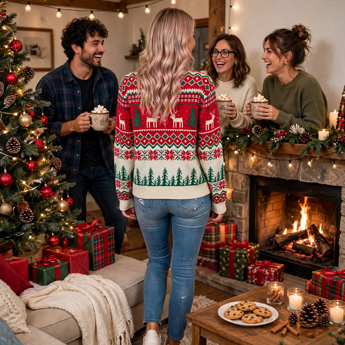 Red knit holiday sweater with reindeer and forest scenes, ribbed hem and long sleeves