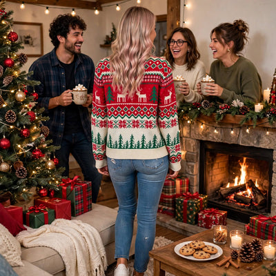 Red knit holiday sweater with reindeer and forest scenes, ribbed hem and long sleeves
