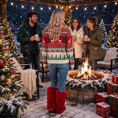 Red fair isle reindeer sweater with green trees motif, ribbed collar, cuffs, and hem
