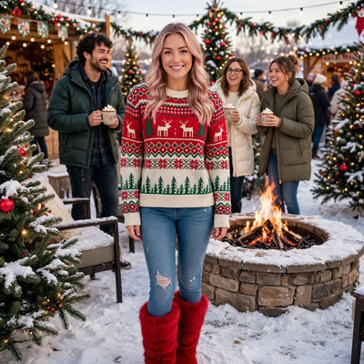 Red reindeer Christmas knit sweater with tree pattern banding, crew neck and ribbed trim