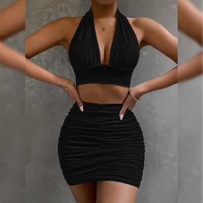 Halter Top & Pleated Skirt Set - Lace-Up Hip Covering Outfit