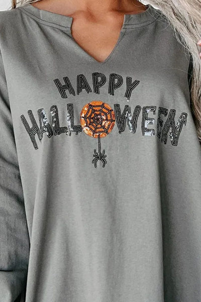 Sequin Letter Graphic Notched Long Sleeve Sweatshirt - Fashions Envy