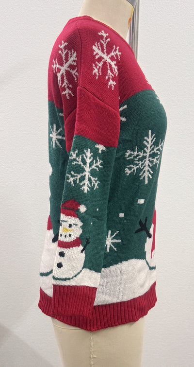 Red crewneck Christmas sweater with green panels, snowman graphic, ribbed cuffs