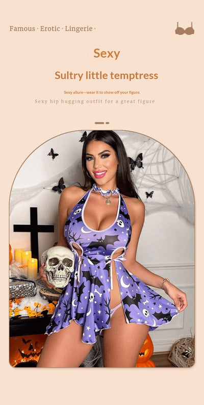 Purple bat-print halter lingerie dress with flared skirt and side tie strings