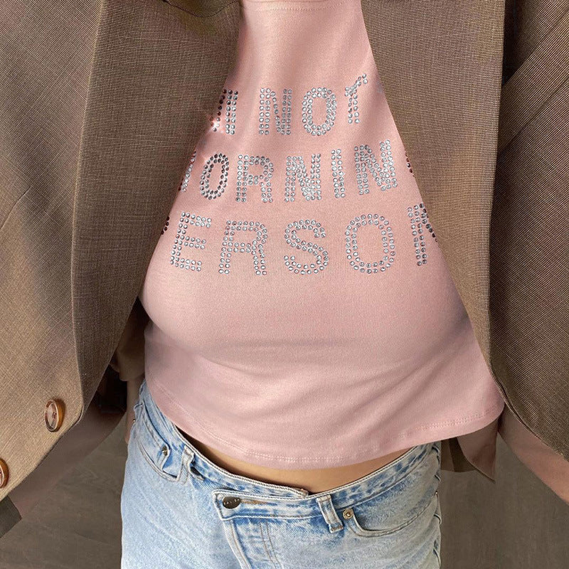 Trendsi pink Crop T-Shirt with rhinestone slogan, cropped fit worn under brown blazer with light wash jeans