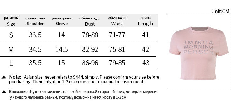 Trendsi pink Crop T-Shirt with slogan IM NOT A MORNING PERSON shown alongside size chart and measurements