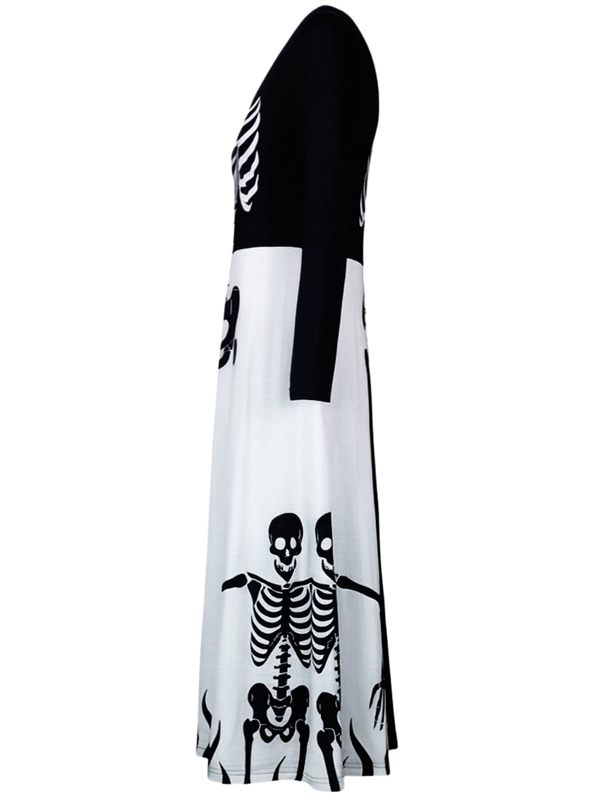 Black and white side-profile skeleton midi dress with long sleeves and flared skirt