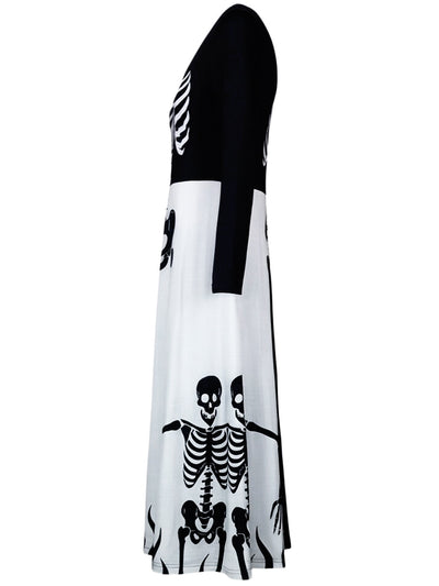 Black and white side-profile skeleton midi dress with long sleeves and flared skirt
