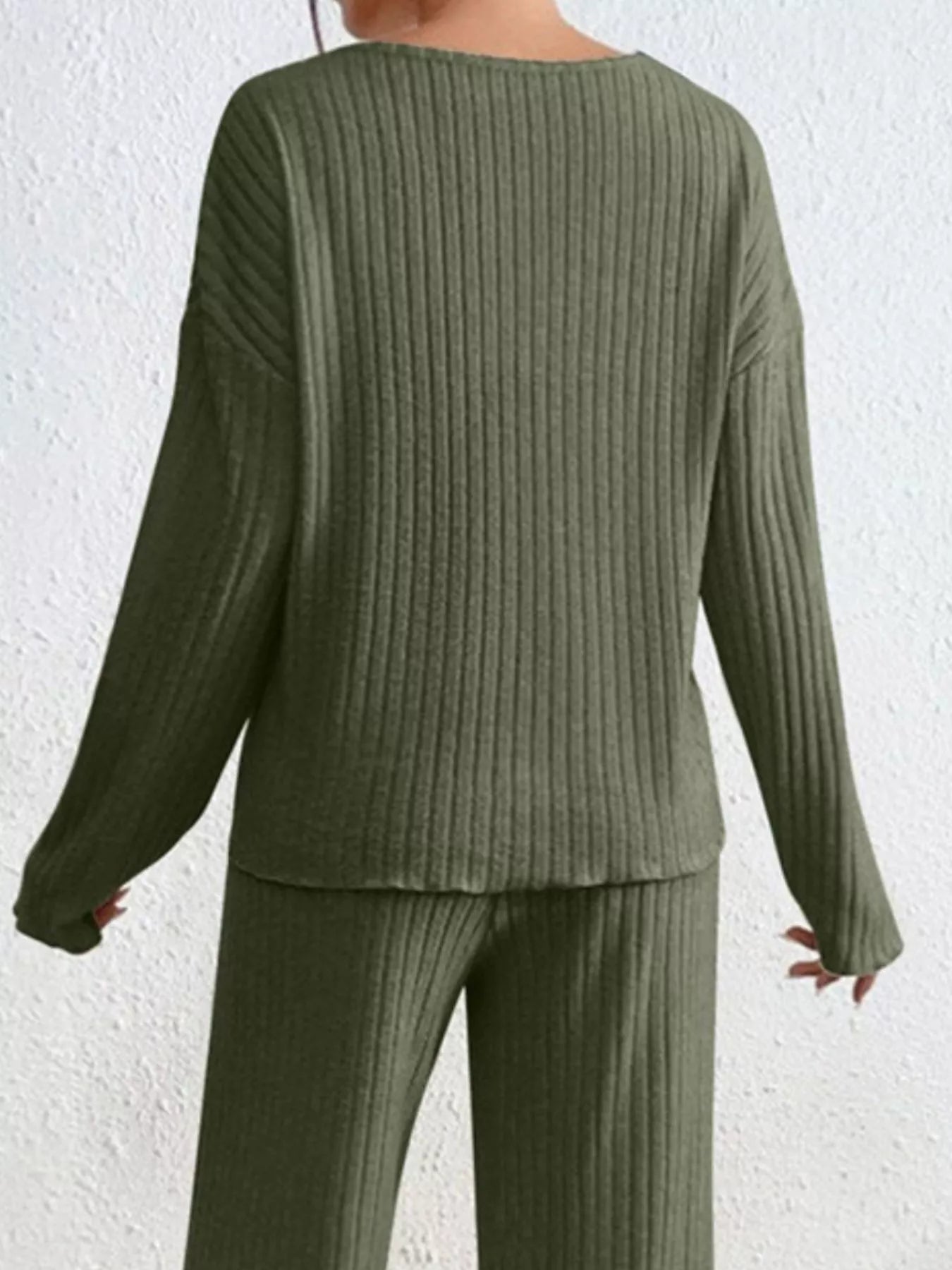 Ribbed Loungewear Set - V-Neck Top Wide-Leg Pants - Fashions Envy