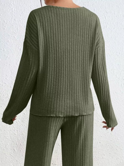 Ribbed Loungewear Set - V-Neck Top Wide-Leg Pants - Fashions Envy