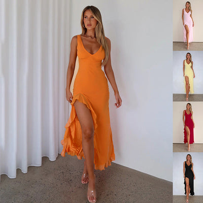 Ruffles Split Halter Dress - V-Neck Evening Party Dress