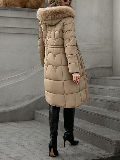 Scallop-Quilted Long Puffer Coat - Faux-Fur Trim Hood