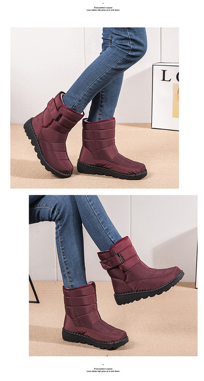 Quilted ankle boots in burgundy with plush lining and buckled straps