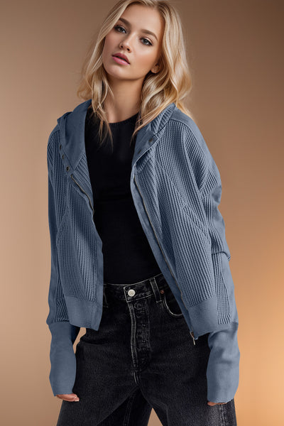 Double Take Waffle-Knit Zip Up Long Sleeve Hooded Jacket - Fashions Envy