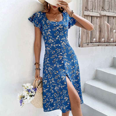 Bohemian Floral Print Midi Dress - Flowy Button Up