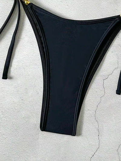Black triangle bikini bottom with side ties and stitched trim