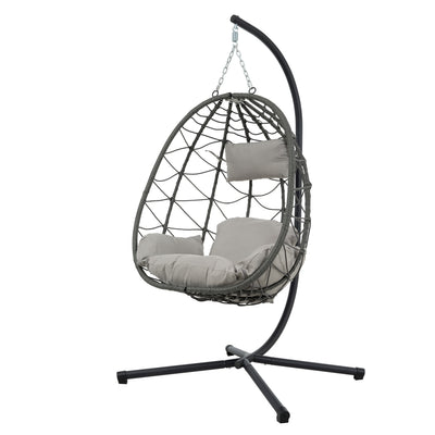 Trendsi outdoor hanging egg chair with gray wicker frame and cushioned seat and steel stand for patio