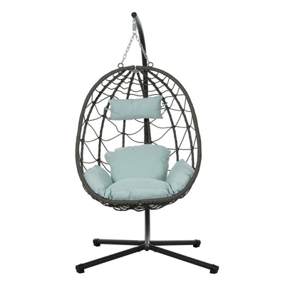 Trendsi outdoor hanging egg chair with woven rattan frame light blue cushions and metal stand for patio