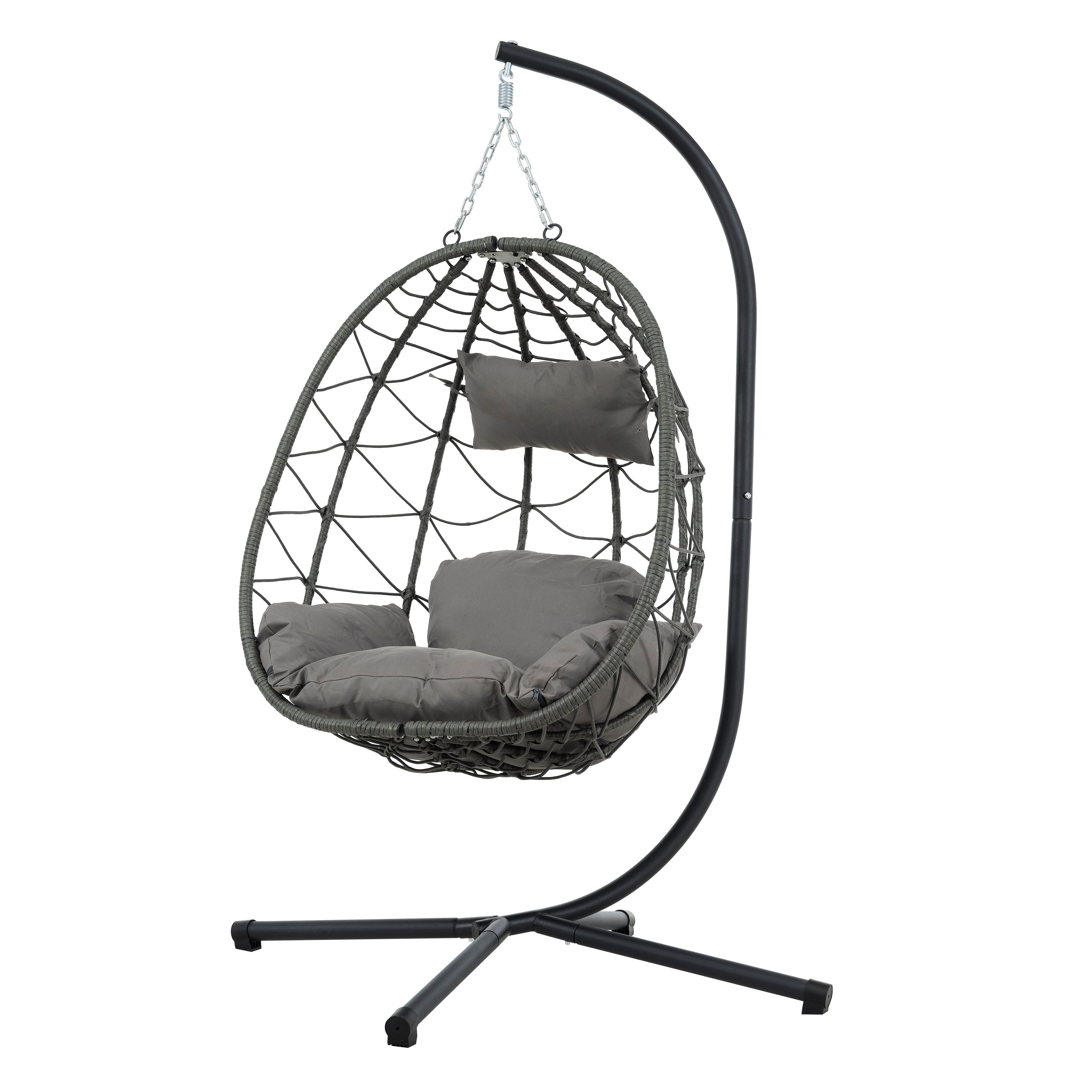 Trendsi outdoor hanging egg chair woven wicker frame gray cushions and powder coated steel stand for patio