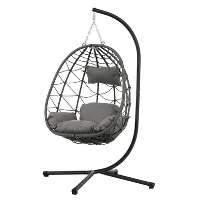 Trendsi outdoor hanging egg chair woven wicker frame gray cushions and powder coated steel stand for patio