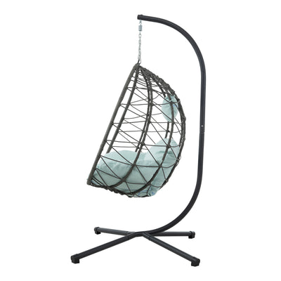 Trendsi outdoor hanging egg chair with brown wicker shell light blue cushions and black stand