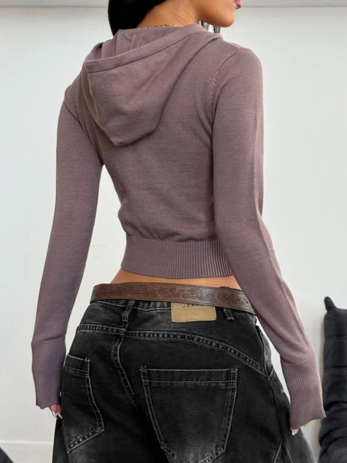 Trendsi Hooded Cardigan in soft purple, featuring a cropped design and fitted sleeves for a stylish look