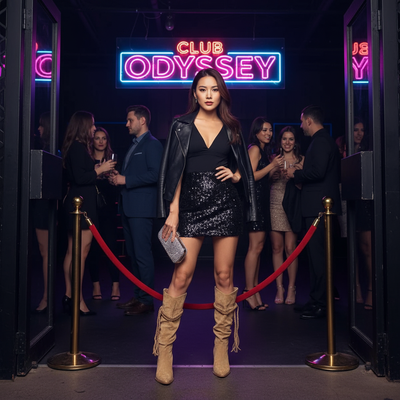 Hot Asian woman in tan suede boots and mini skirt at nightclub - full body