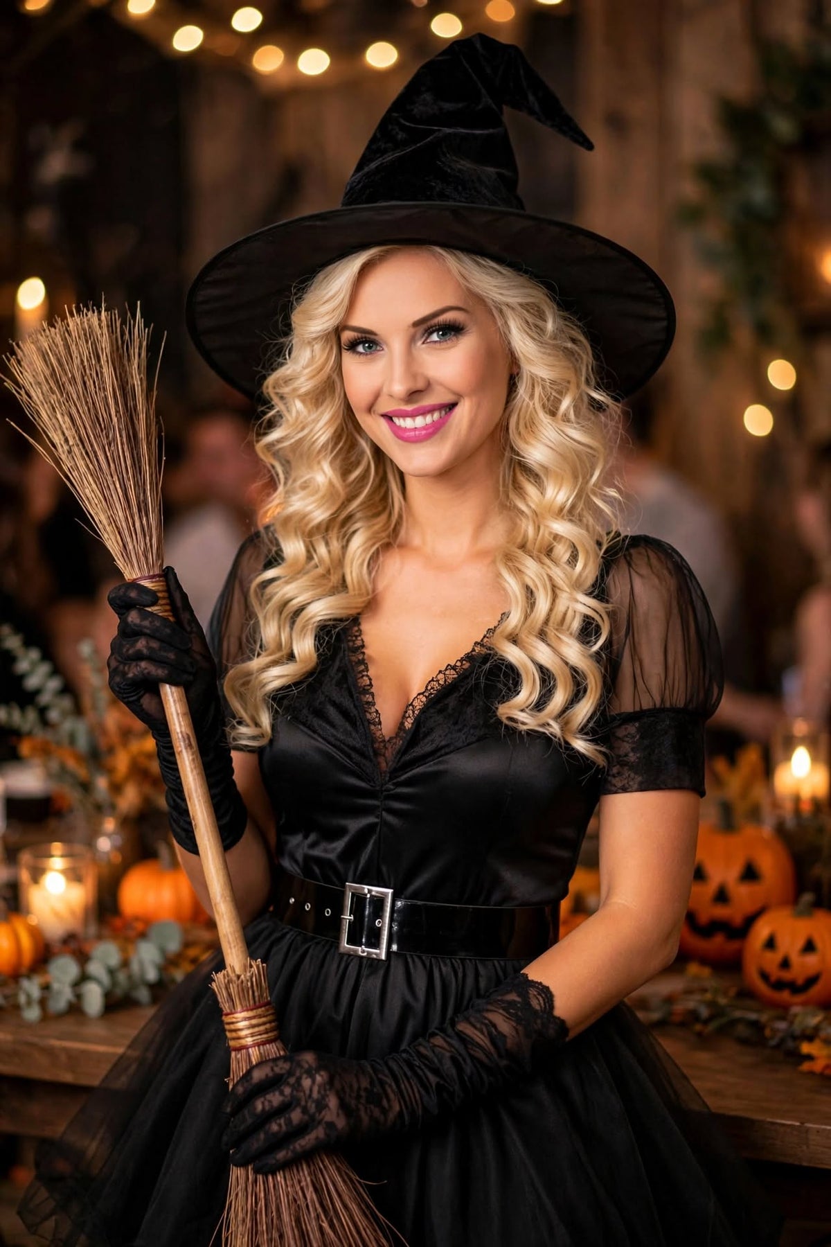 Halloween Witch Costume Dress - Lace V-Neck Puff Sleeves