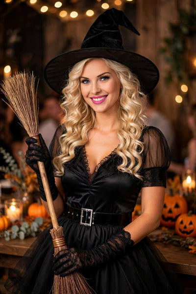 Halloween Witch Costume Dress - Lace V-Neck Puff Sleeves