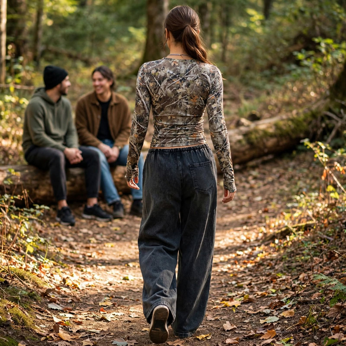 Camouflage Long Sleeve Top - Scoop Neck and Fitted Shape