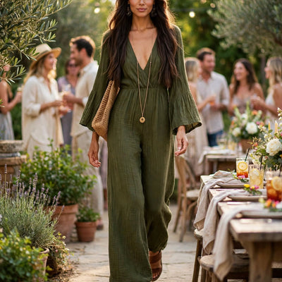 Army green V-neck wide-leg jumpsuit with gathered waist and flared sleeves
