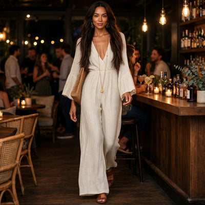 Milky white V-neck wide-leg jumpsuit with gathered waist and flared sleeves