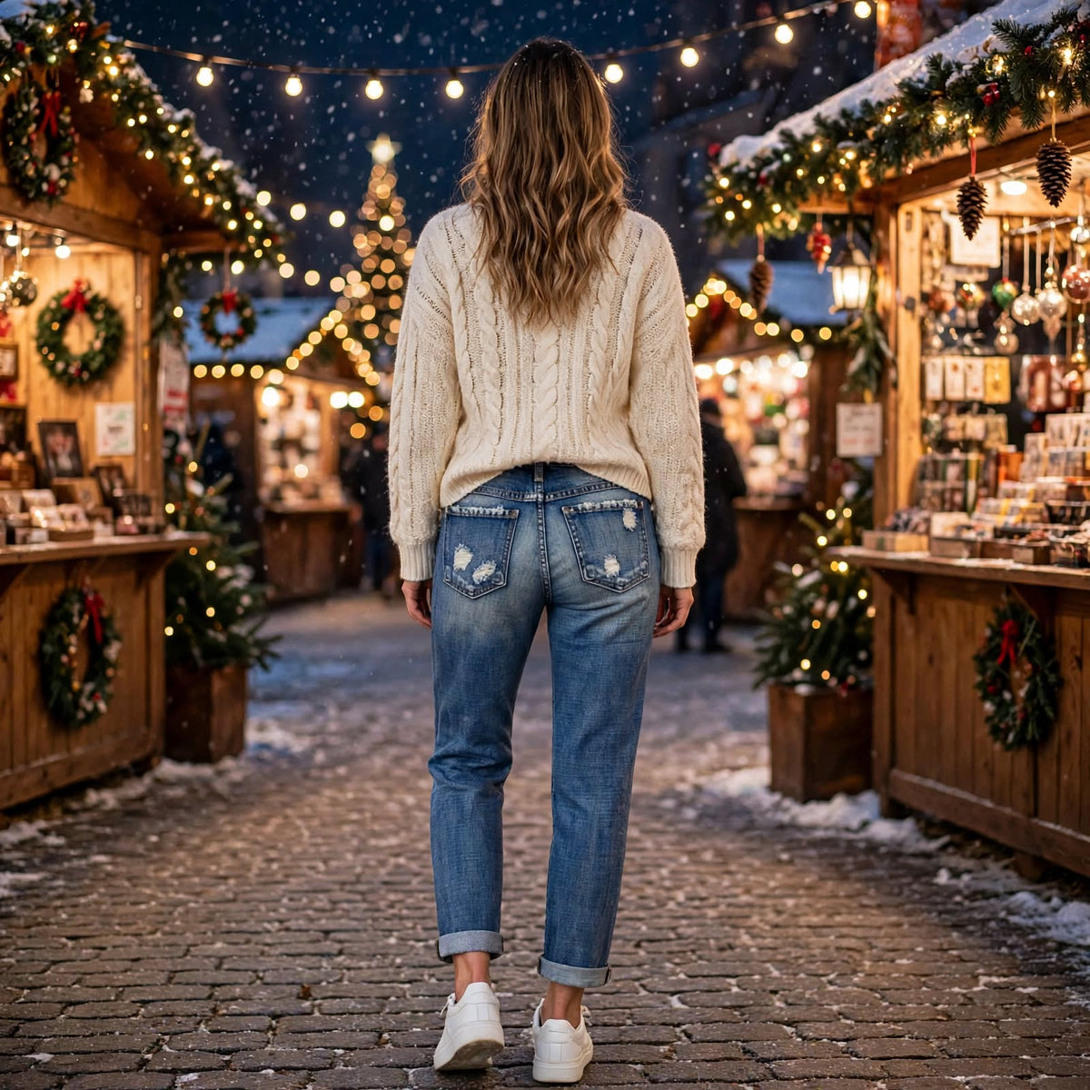 Blue distressed denim jeans with Santa-themed patchwork graphics on pockets and legs